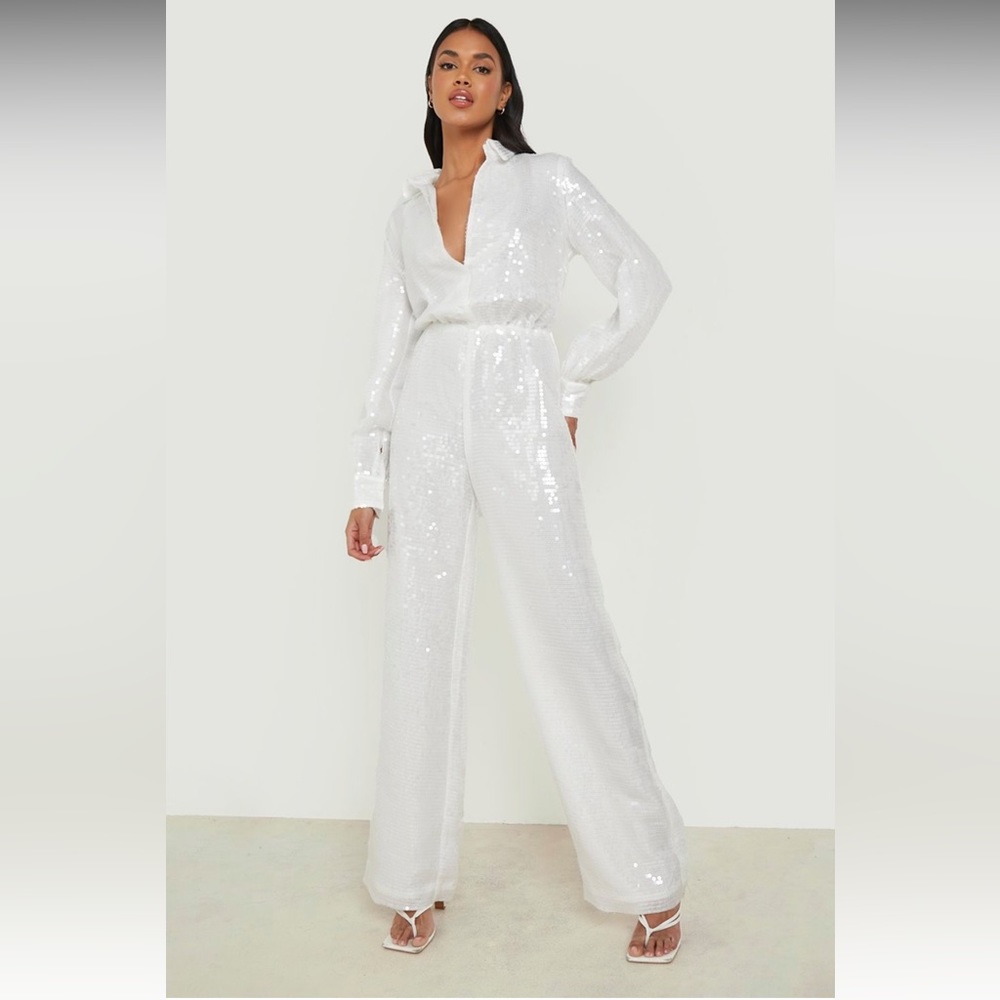 White sequin wide leg jumpsuit